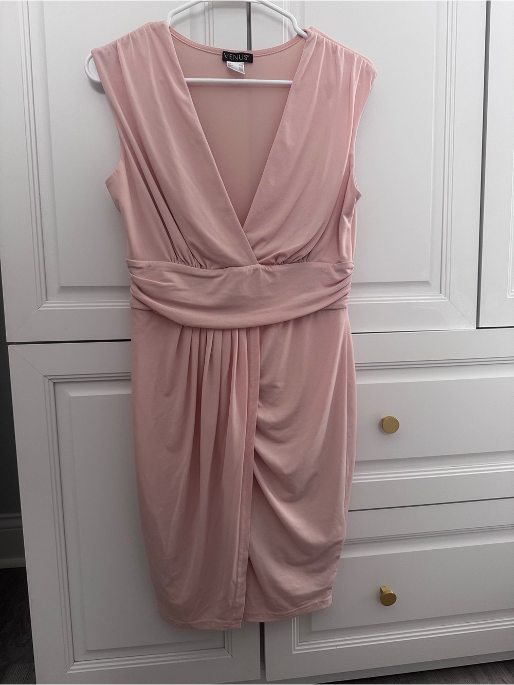 VENUS Blush Pink V-Neck Draped Midi Dress